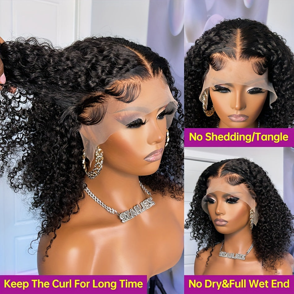 180% Density Water Wave Lace Frontal Short Bob Wig - Lace Wigs for Women with 13x4x1 T Part HD Transparent Lace, Pre Plucked, Natural Color, Middle Part, Water Curly Lace Part